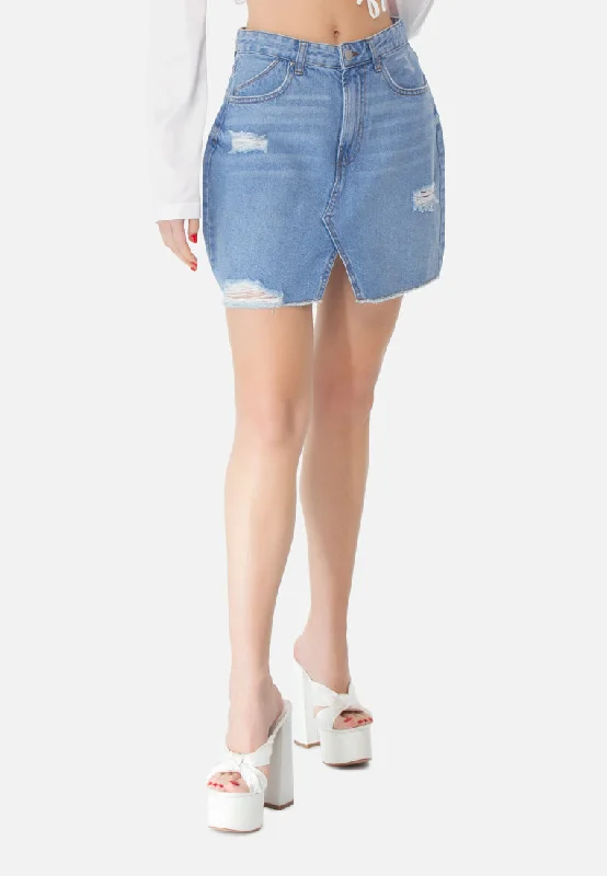 Split Distressed Denim Mini Skirt