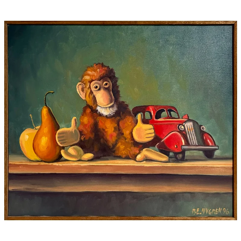 "Stuffed Monkey with Toy Car" Painting Signed 1996