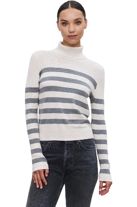 Velvet Korie Cashmere Striped Turtleneck Sweater in Chalk - Medium Heather Grey