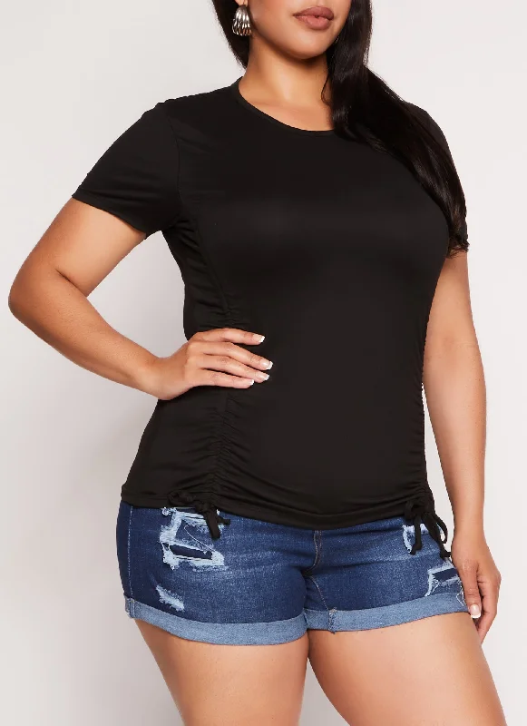 Plus Size Drawstring Ruched Crew Neck Tee