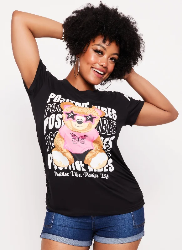 Plus Size Positive Vibes Bear Ruched Graphic Tee