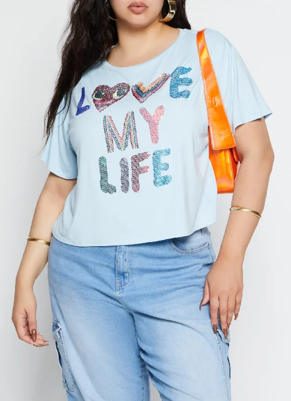 Plus Size Rhinestone Love My Life T Shirt