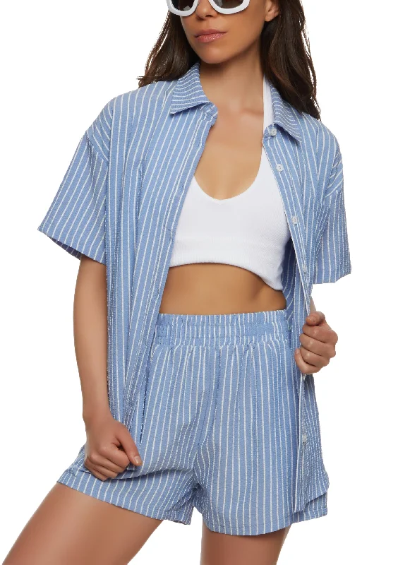 Textured Knit Striped Oversized Button Front Shirt