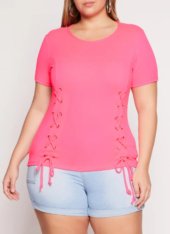 Plus Size Basic Lace Up Detail Short Sleeve Tee