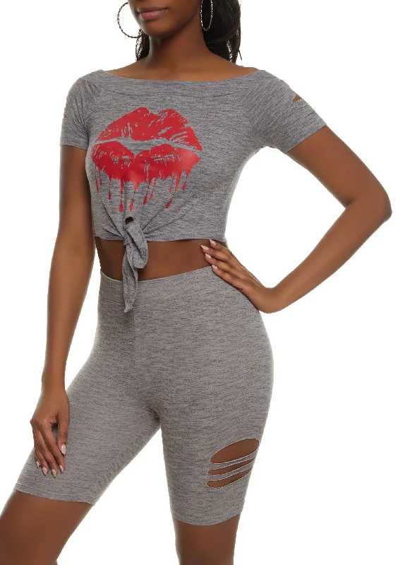 Lips Tie Front Laser Cut Graphic Tee