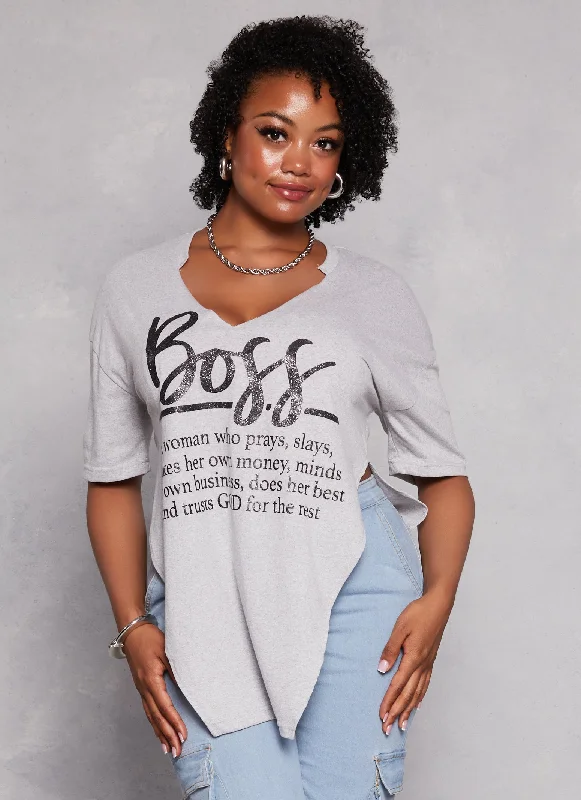 Plus Size Boss Glitter Hanky Hem Graphic Tee