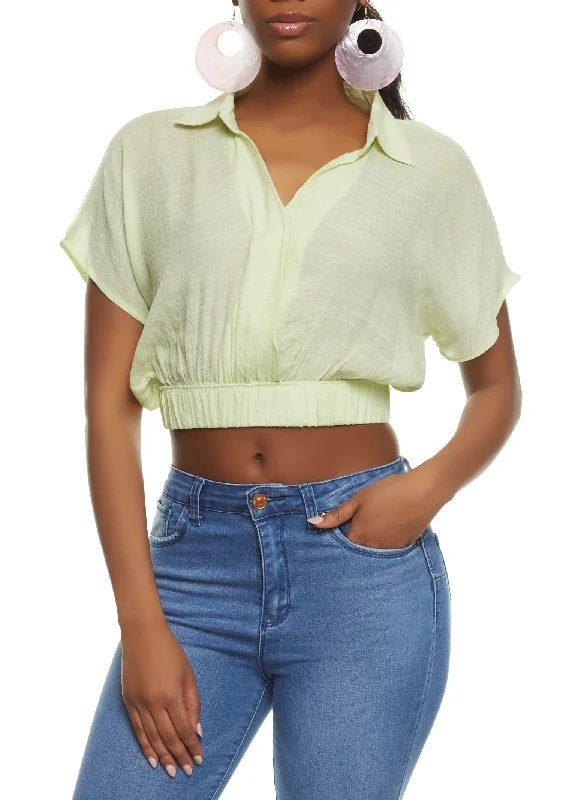 Elastic Waistband Cropped Shirt