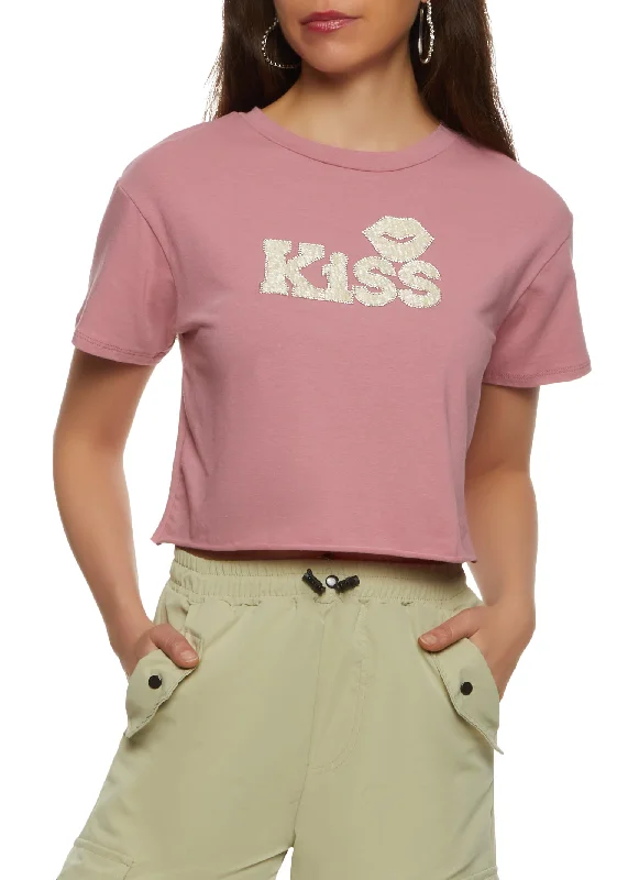 Rhinestone Kiss Cropped T Shirt