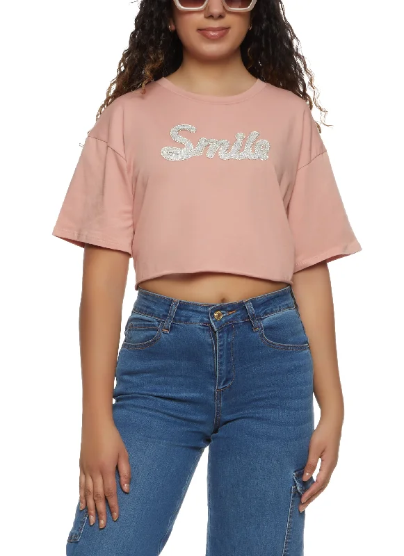 Smile Rhinestone Cropped Graphic Tee