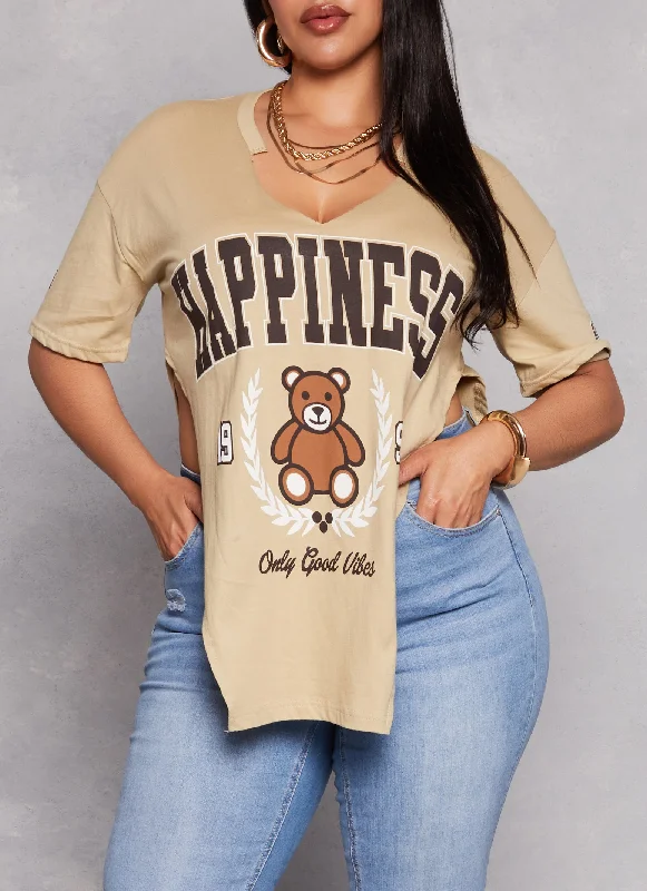 Plus Size Happiness Bear Hanky Hem Graphic Tee