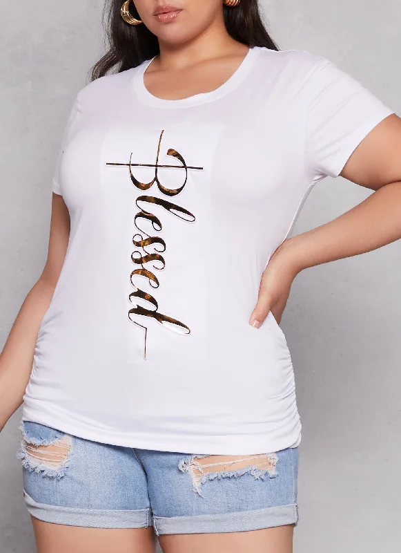 Plus Size 3D Foil Blessed Ruched Graphic Tee