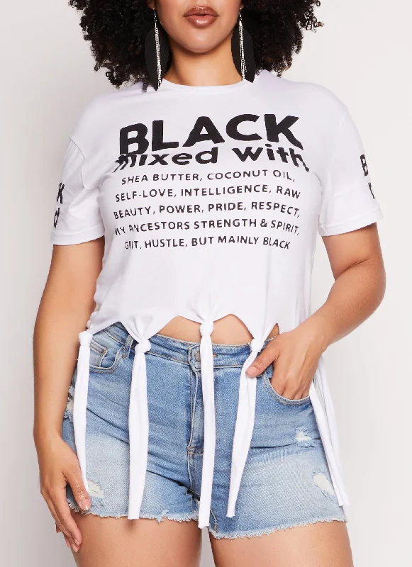 Plus Size Black Mixed With Graphic Knot Fringe Tee