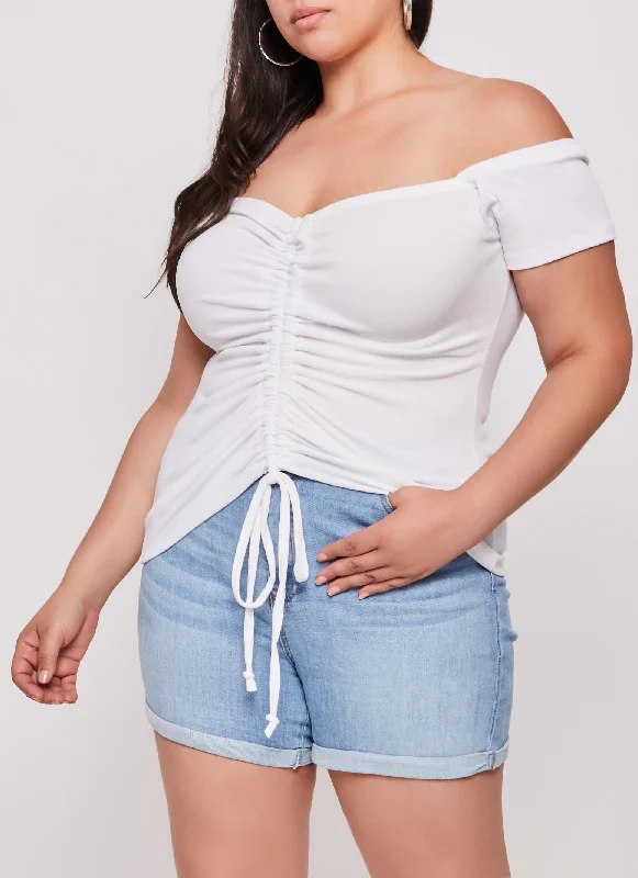 Plus Size Drawstring Ruched Off the Shoulder Top