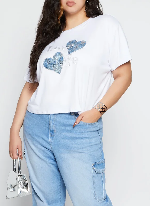 Plus Size Love Life Rhinestone Patch Graphic Tee