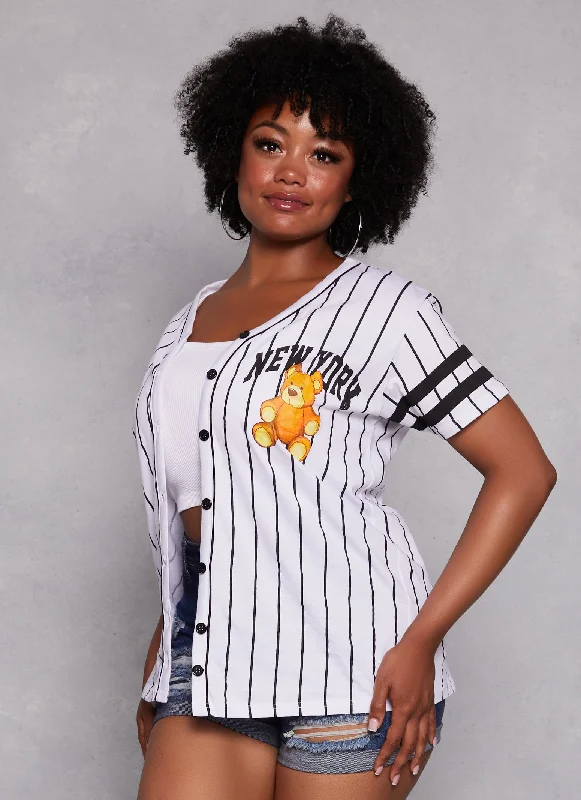 Plus Size New York Bear Graphic Baseball Shirt