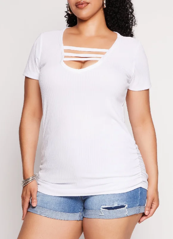 Plus Size Ribbed Caged V Neck Tee