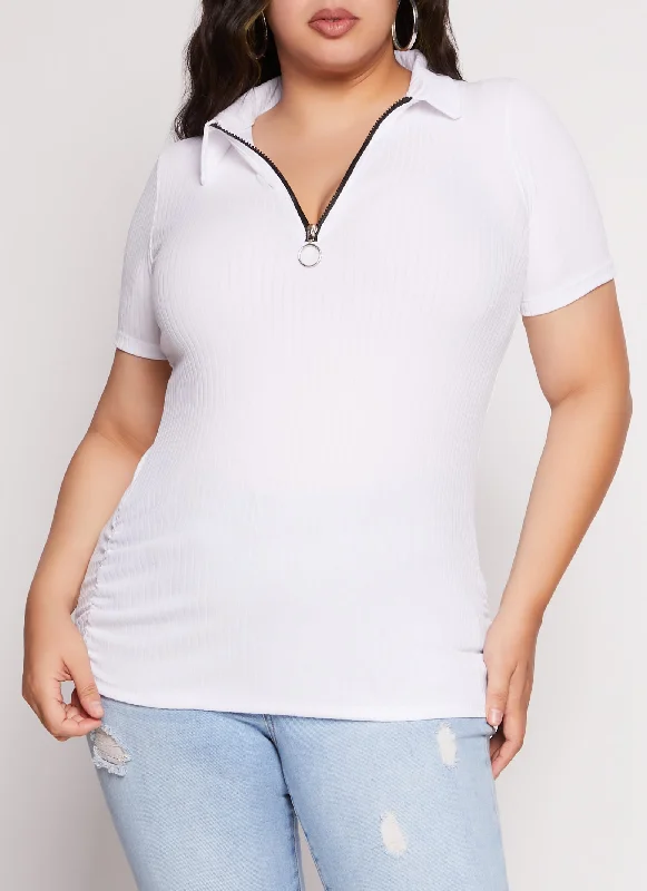 Plus Size Ruched Half Zip Polo Shirt