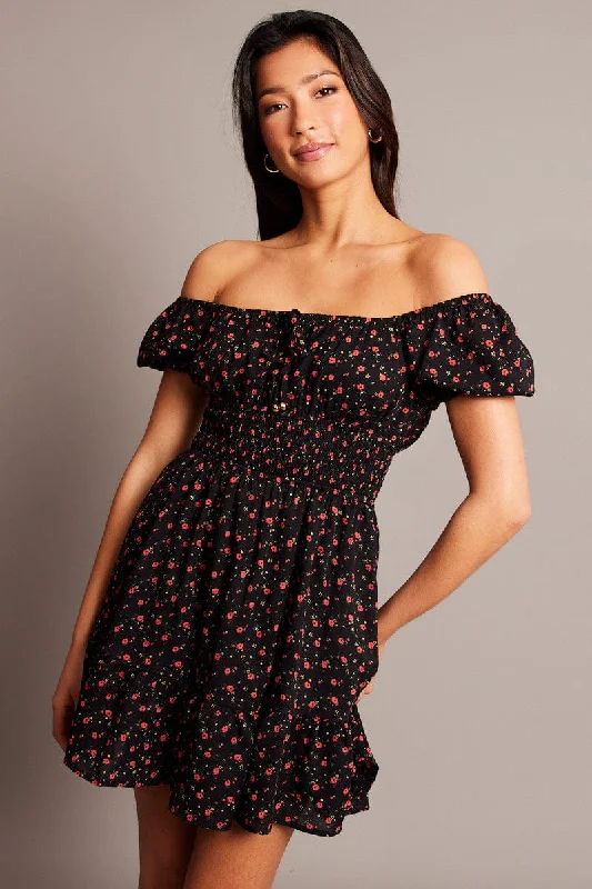 Black Ditsy Fit And Flare Dress Mini