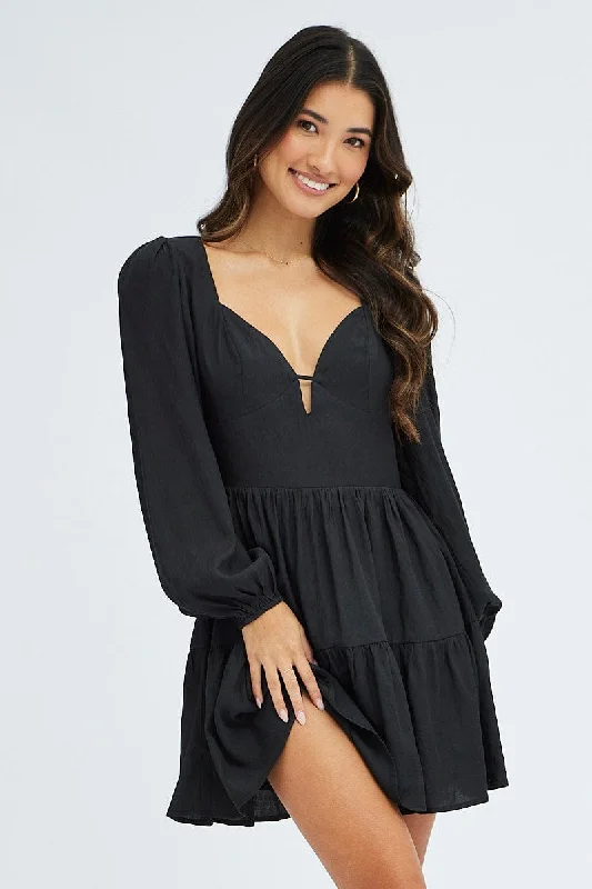 Black Fit And Flare Dress Long Sleeve Mini