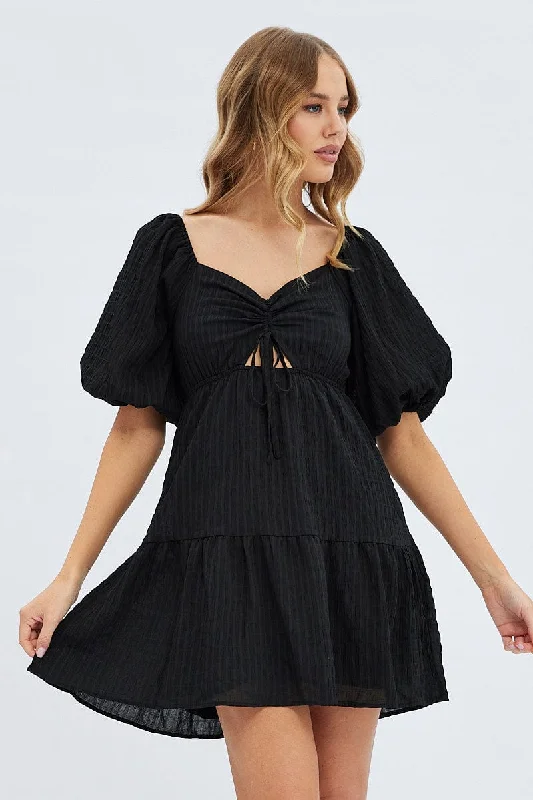 Black Fit And Flare Dress Mini Ruched Bust