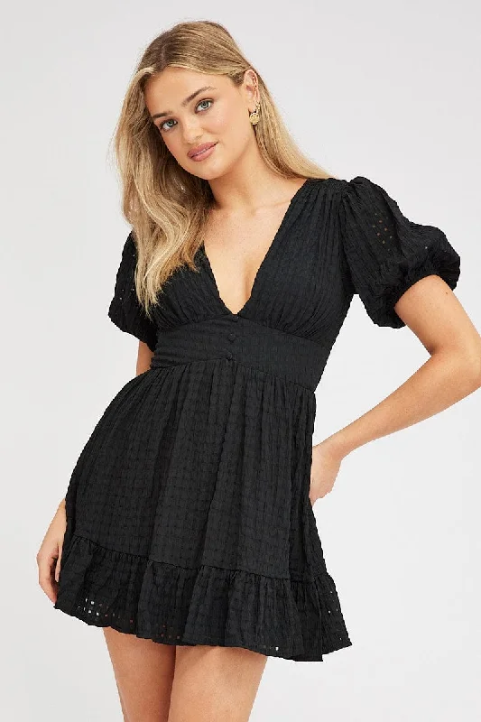 Black Fit And Flare Dress Puff Sleeve Mini