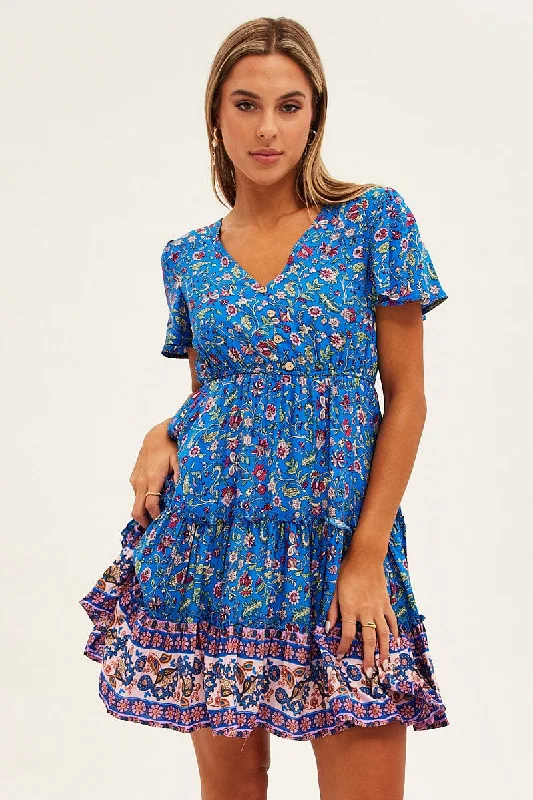 Blue Boho Fit And Flare Dress Short Sleeve Mini V-Neck