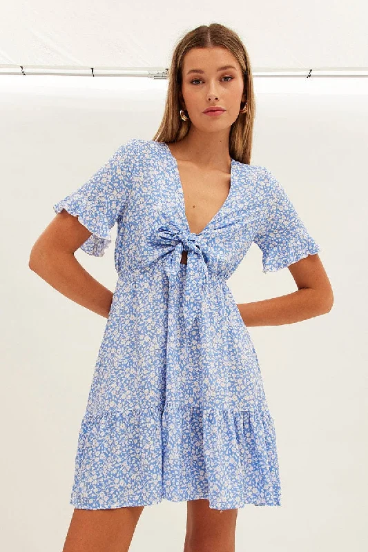 Blue Floral Tie Front Mini Skater Dress