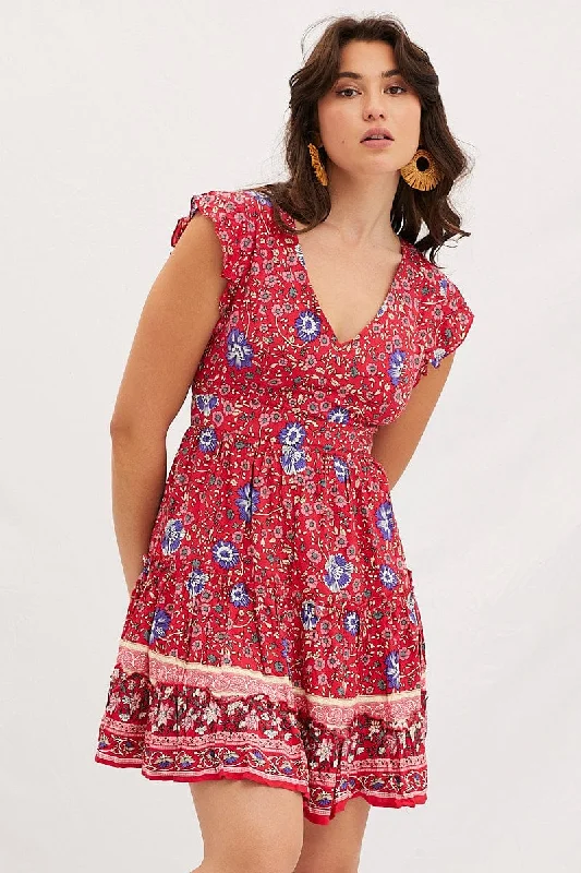 Boho Print V-Neck Mini Skater Dress