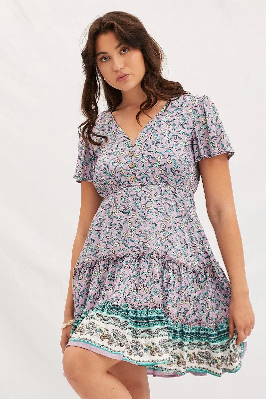 Boho Print V-Neck Short Sleeve Mini Skater Dress