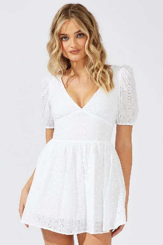 White Fit And Flare Dress Puff Sleeve Mini