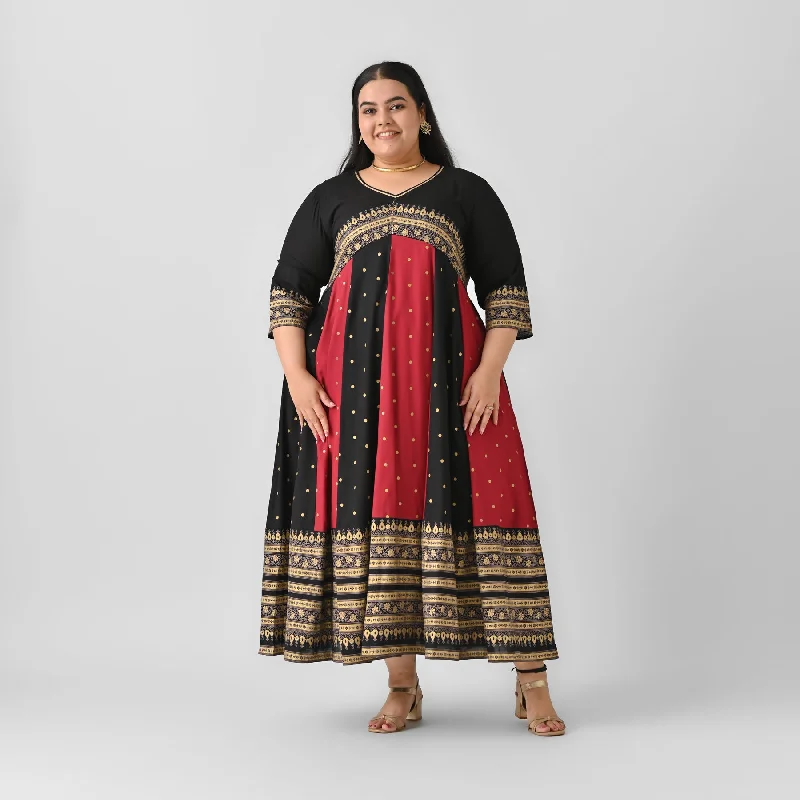 Black & Maroon Long Kalidaar Dress with Border Details - SOM