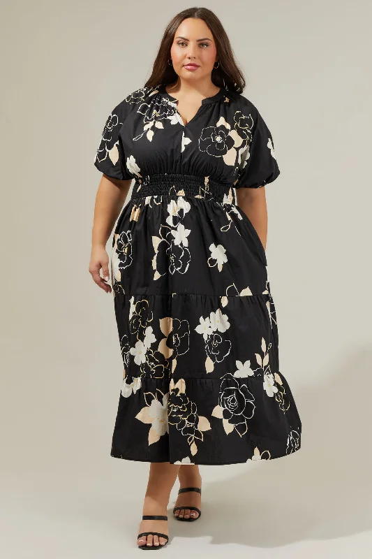 Cairan Rose Hacienda Puff Sleeve Midi Dress Curve