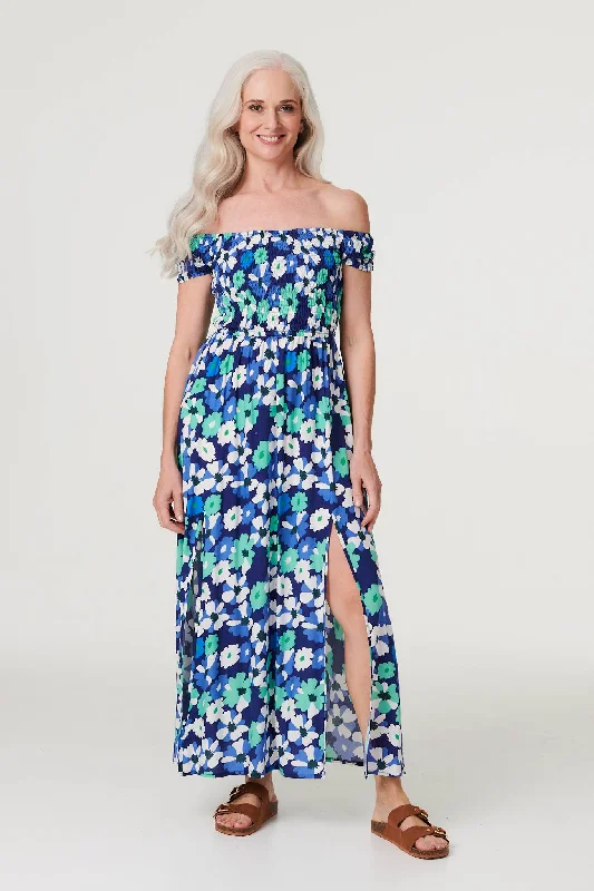 Floral Bardot Split Hem Maxi Dress