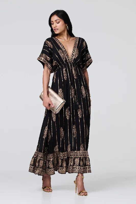 Metallic Print V-Neck Kimono Maxi Dress