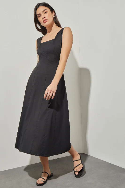 Fit & Flare Midi Dress - Square Neck Stretch Cotton, Black