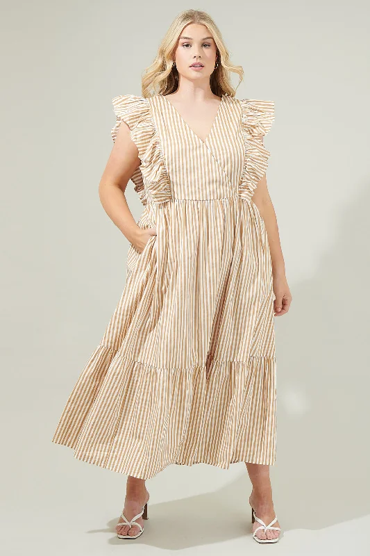 Luna Striped Fairness Taupe Poplin Surplice Midi Dress Curve