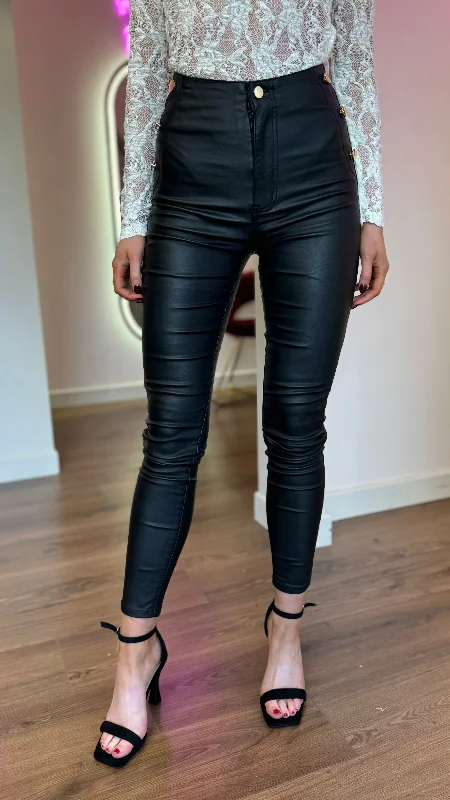 Theodora Black Leather Look Gold Button Detail Trousers