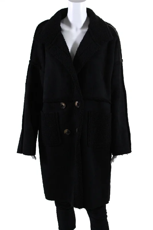 Apricot Womens Faux Shearling Double Breasted Collared Coat Black