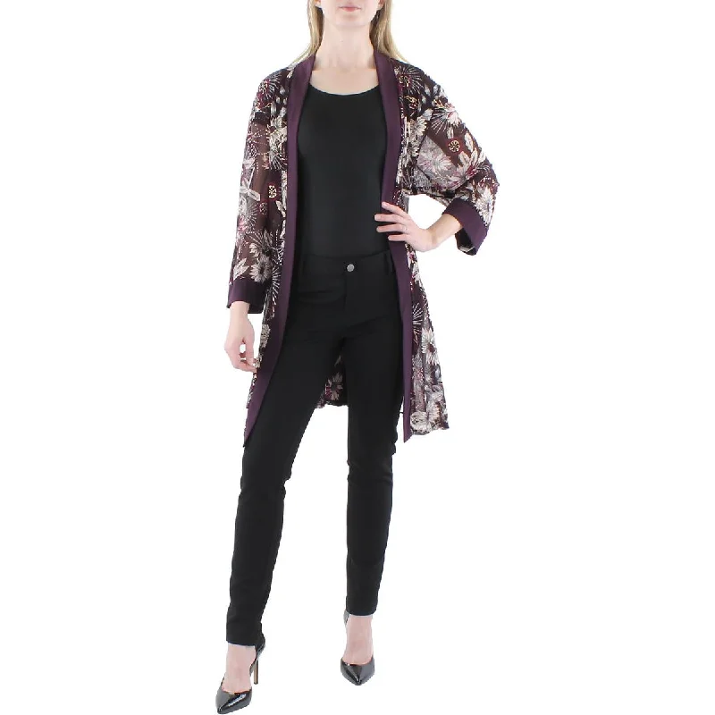 Plus Womens Mesh Floral Duster Blazer