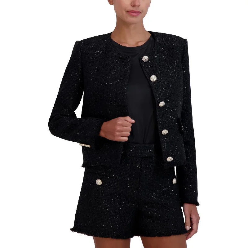 Womens Tweed Sequined Collarless Blazer