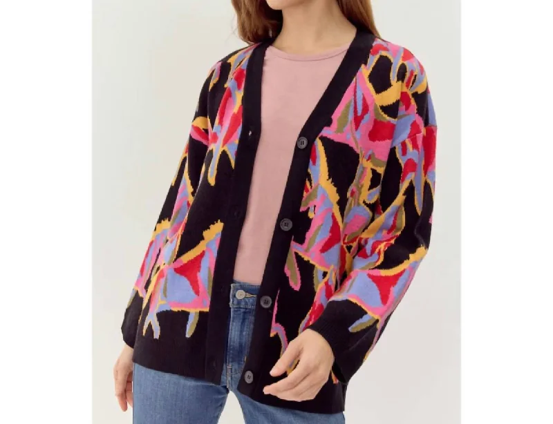 Abstract Horse Print Knit Cardigan In Black/pink