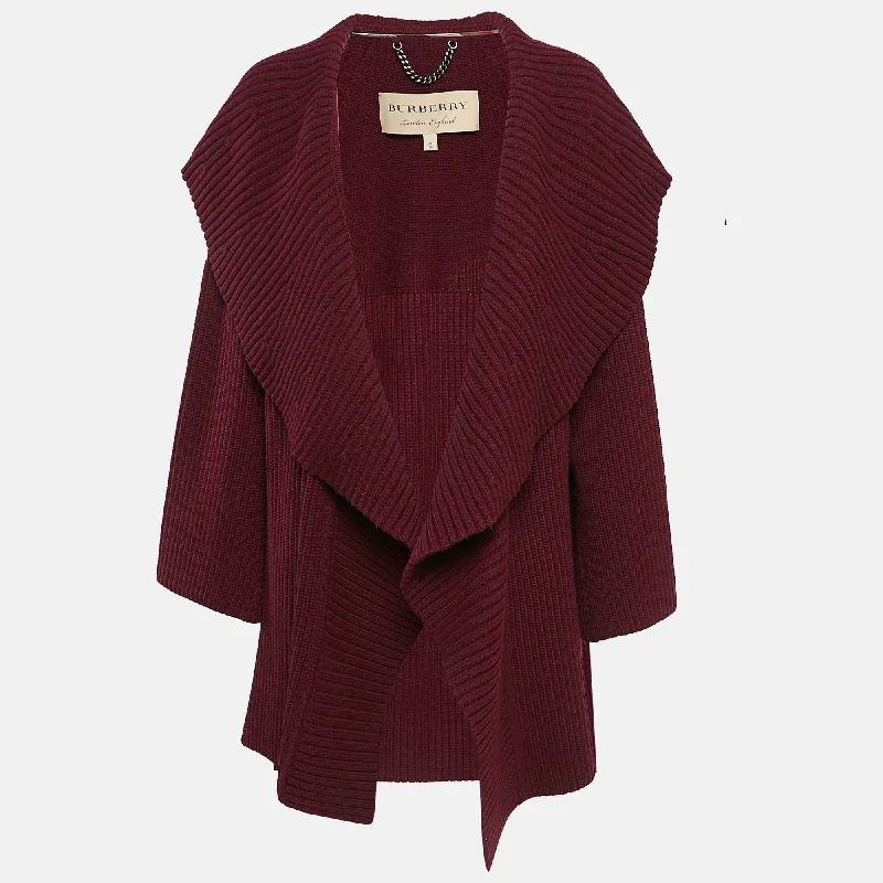 Burberry Burgundy Rib Knit Shawl Collar Cardigan