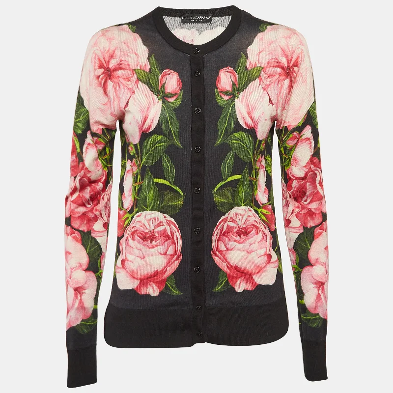 Dolce & Gabbana Black Floral Print Knit Button Front Cardigan