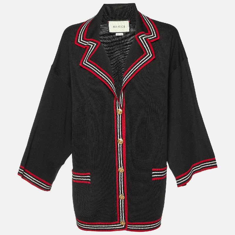 Gucci Black Striped Silk & Cotton Knit Cardigan