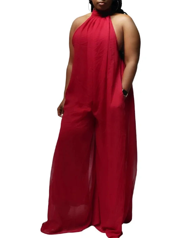 Halter Wide Leg Jumpsuit In Wine