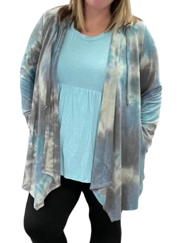 Hooded Cardigan In Teal/gray