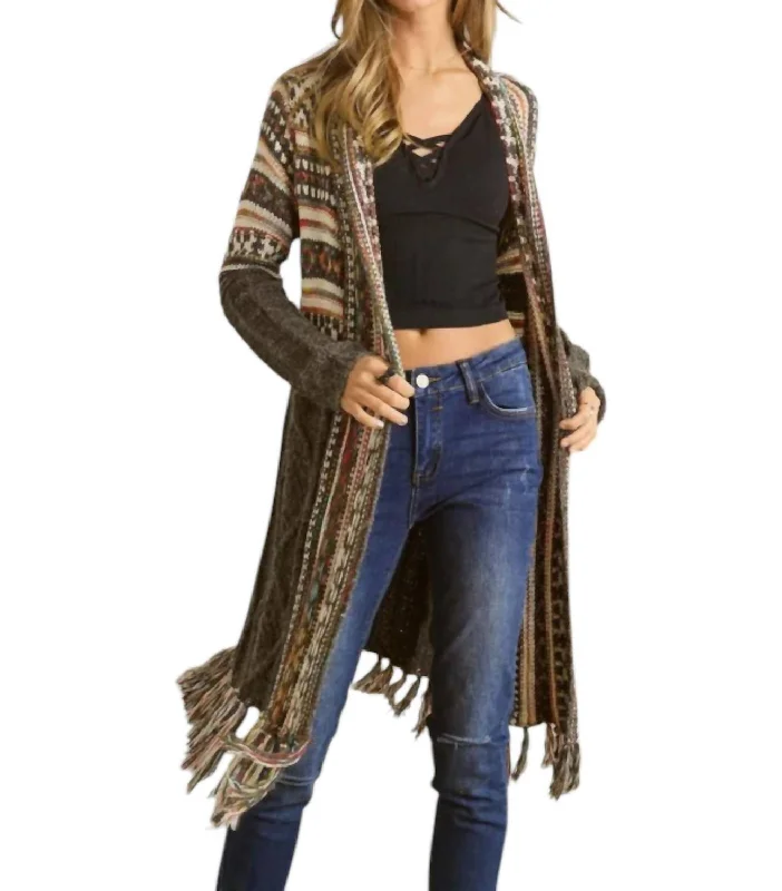 Marisol Tribal Print Fringe Hem Cardigan In Olive