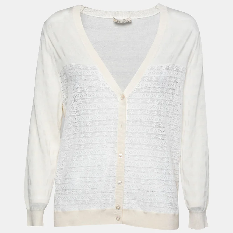 Nina Ricci Cream Striped Knit And Lace Cardigan