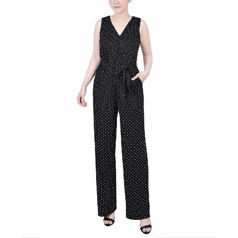 Petites Womens Knit Polka Dot Jumpsuit