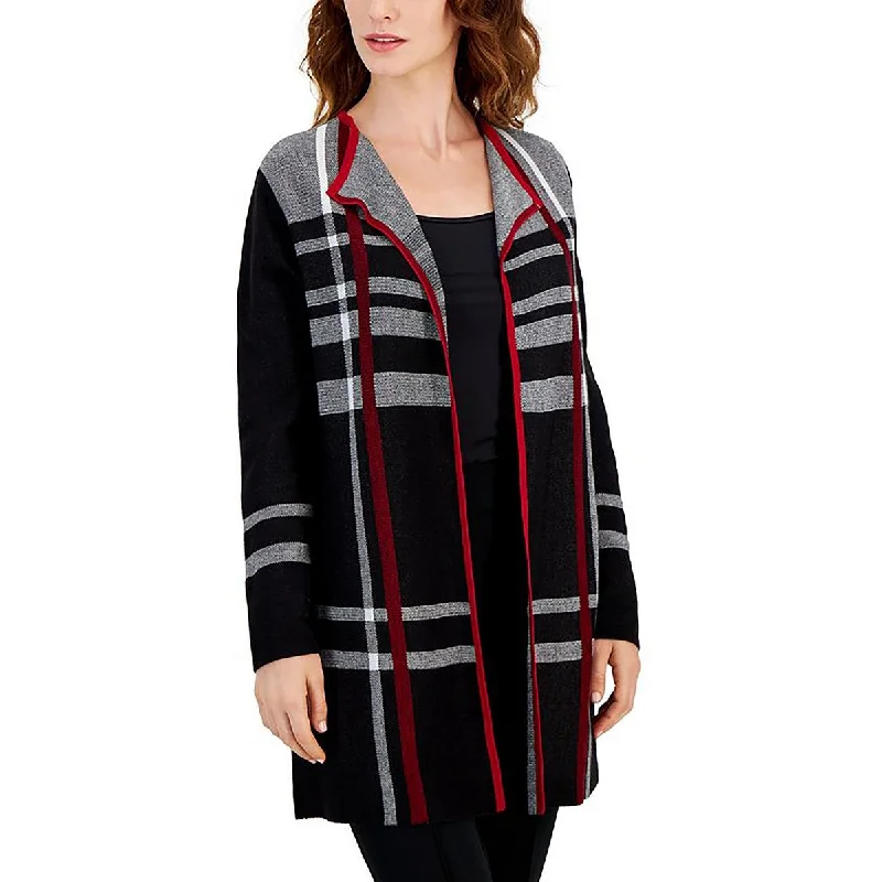 Petites Womens Plaid Edge to Edge Cardigan Sweater